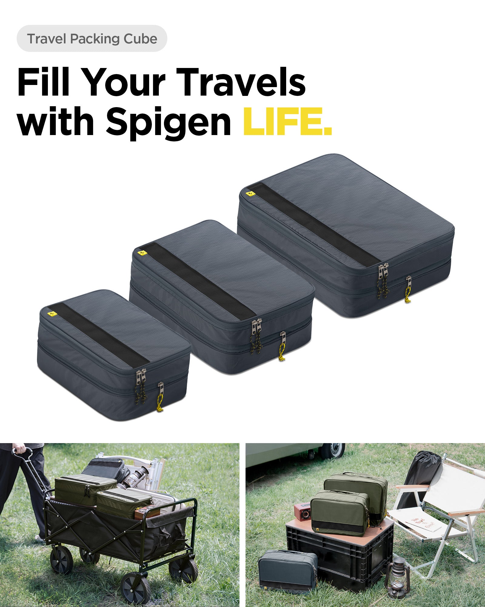 AFA08481 - Travel Packing Cubes KD600 large size in Grotto Gray showing the filling your travels with Spigen LIFE, carry anywhere, everywhere on your travels