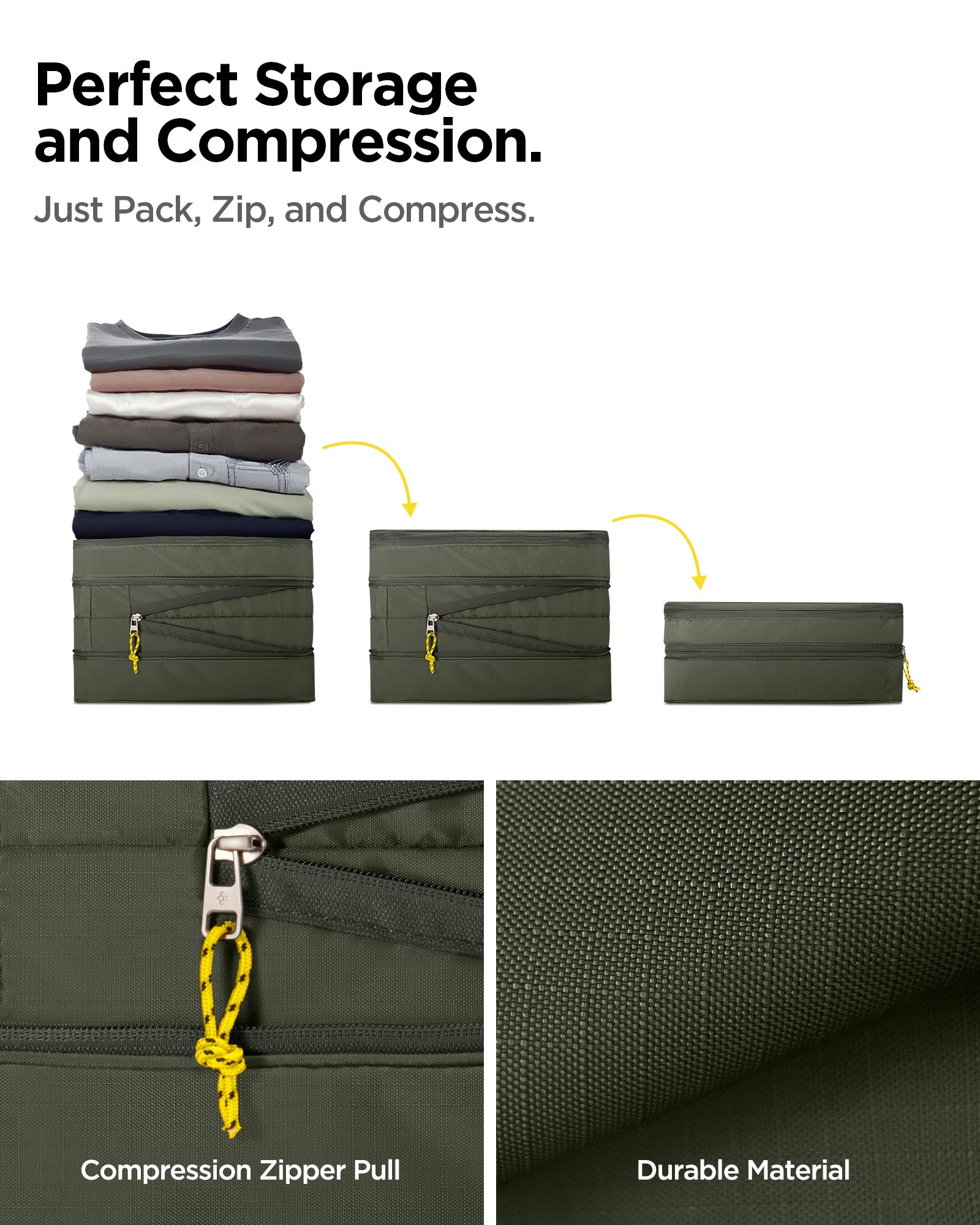 AFA08477 - Travel Packing Cubes KD600 small size in Hunter Green showing the perfect storage and compression, just pack, zip and compress, compression zipper pull, with durable material