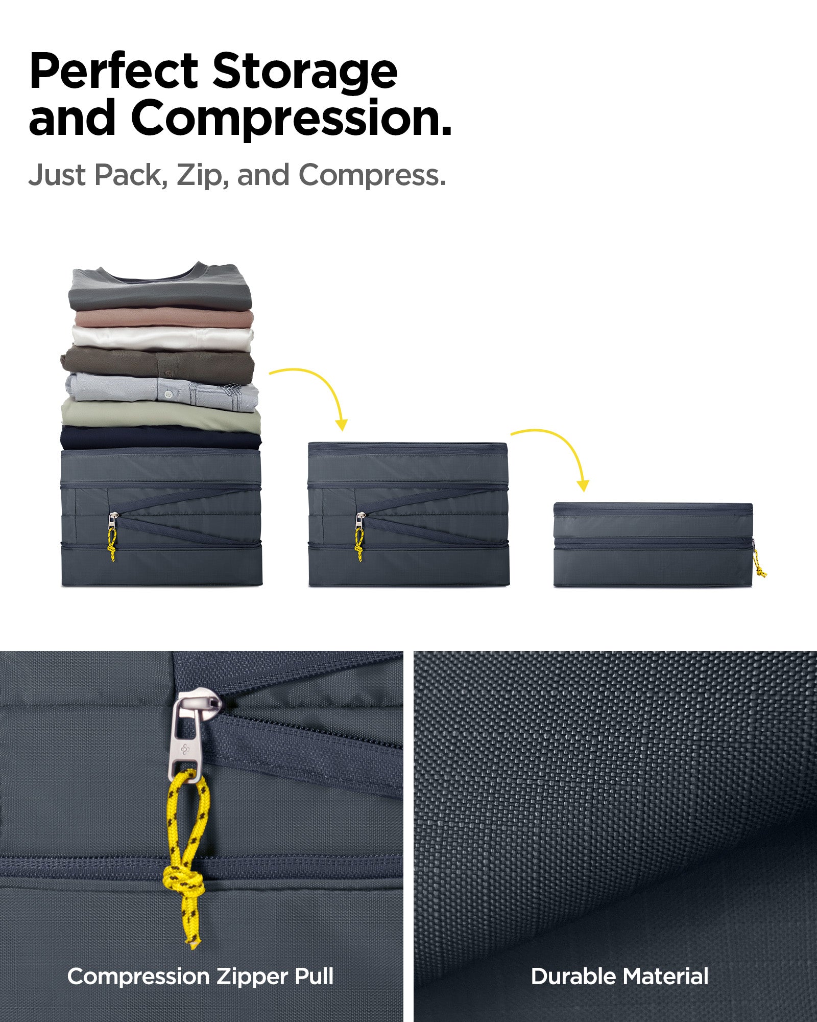 AFA08482 - Travel Packing Cubes KD600 small (2) + XL (1) in Grotto Gray showing the perfect storage and compression, just pack, zip and compress, compression zipper pull, with durable material