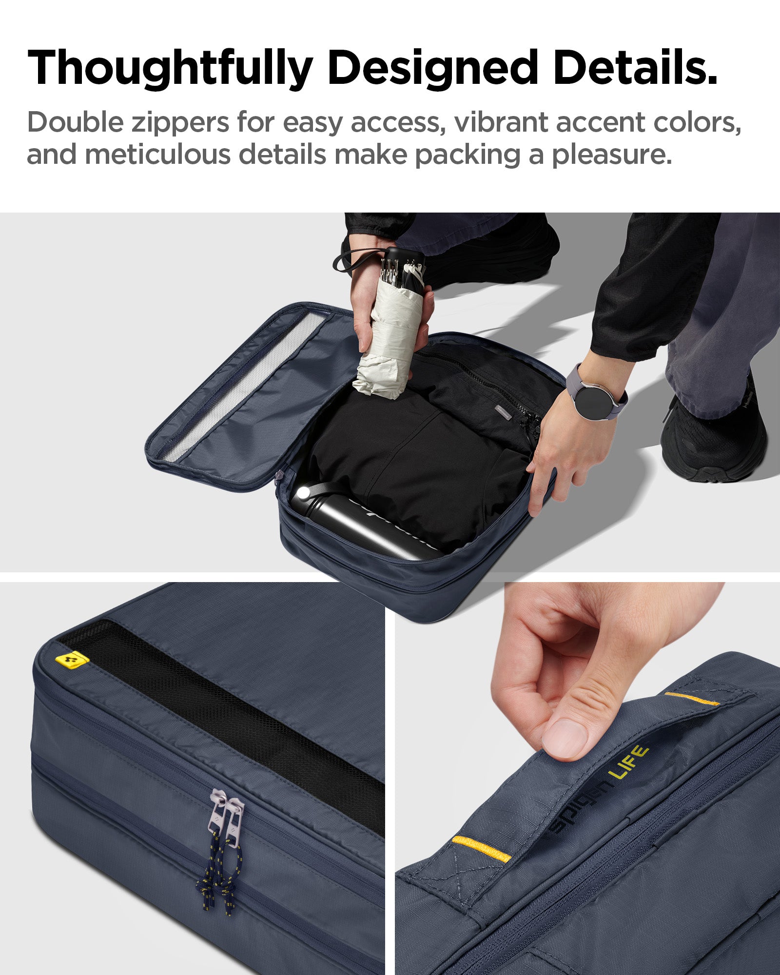 AFA08480 - Travel Packing Cubes KD600 small size in Grotto Gray showing the thoughtfully designed details, double zippers for easy access, vibrant accent colors, and meticulous details make packing a pleasure