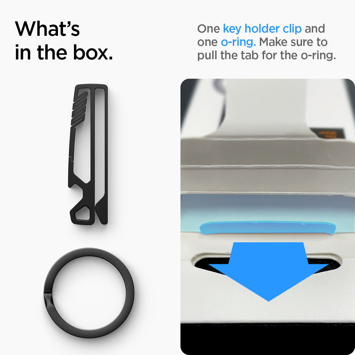 AHP05318 - Key Holder Clip Metal Fit in black showing the what's in the box, one key holder clip and one o-ring, make sure to pull the tab for the o-ring