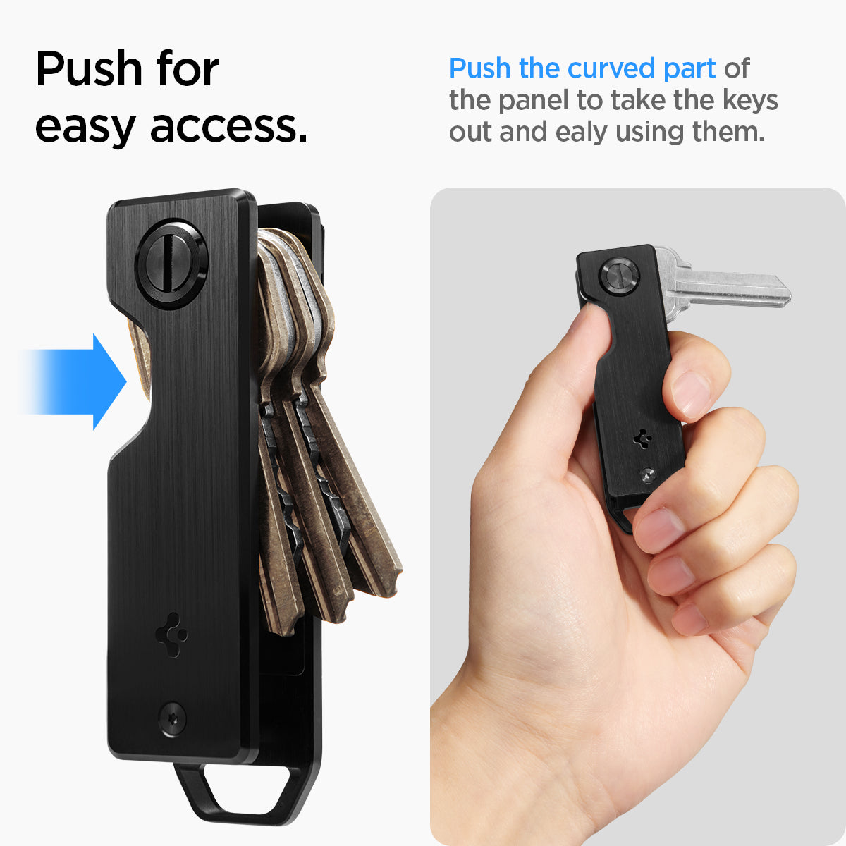 AHP05320 - Key Holder Organizer Metal Fit in black showing the push for easy access, push the curved part of the panel to take the keys out and easily using them