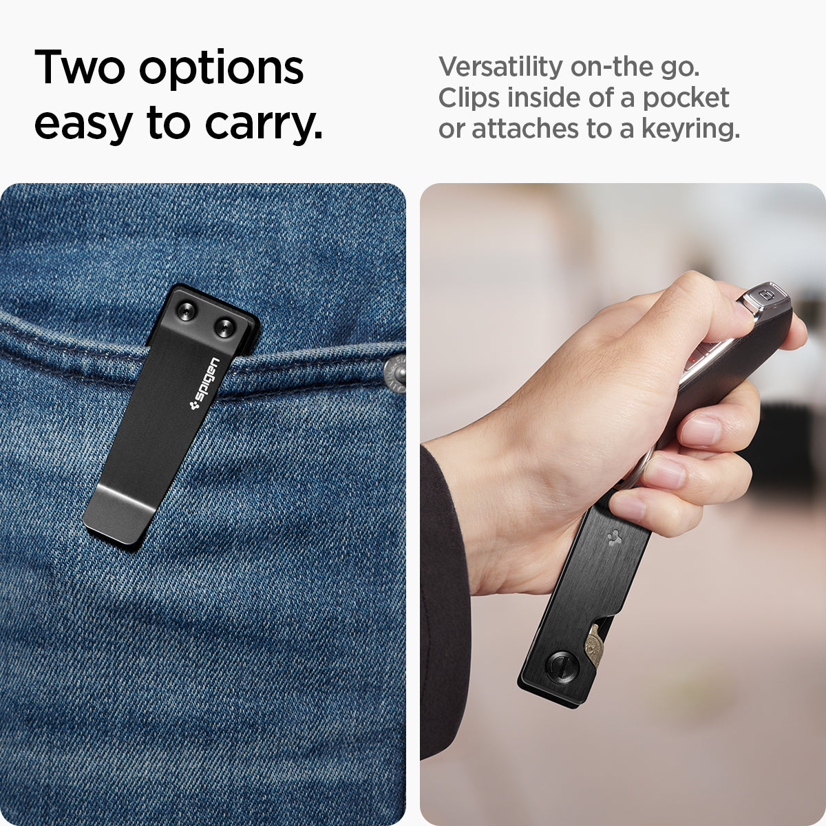 AHP05320 - Key Holder Organizer Metal Fit in black showing two options easy to carry, versatility on-the go, clips inside of a pocket or attaches to a keyring