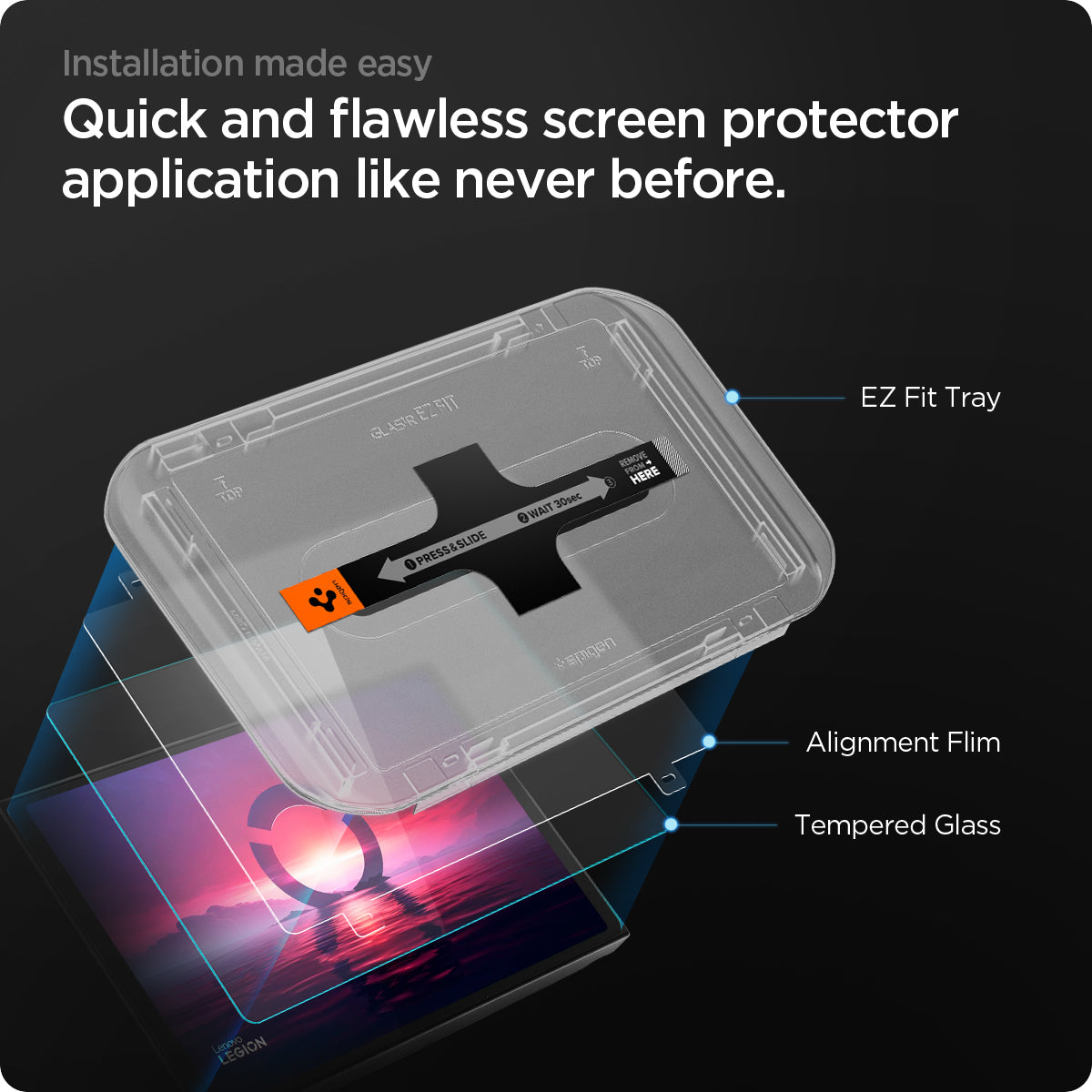 AGL07615 - Lenovo Legion Go GLAS.tR EZ Fit in Clear showing the installation made easy, quick and flawless screen protector application like never before