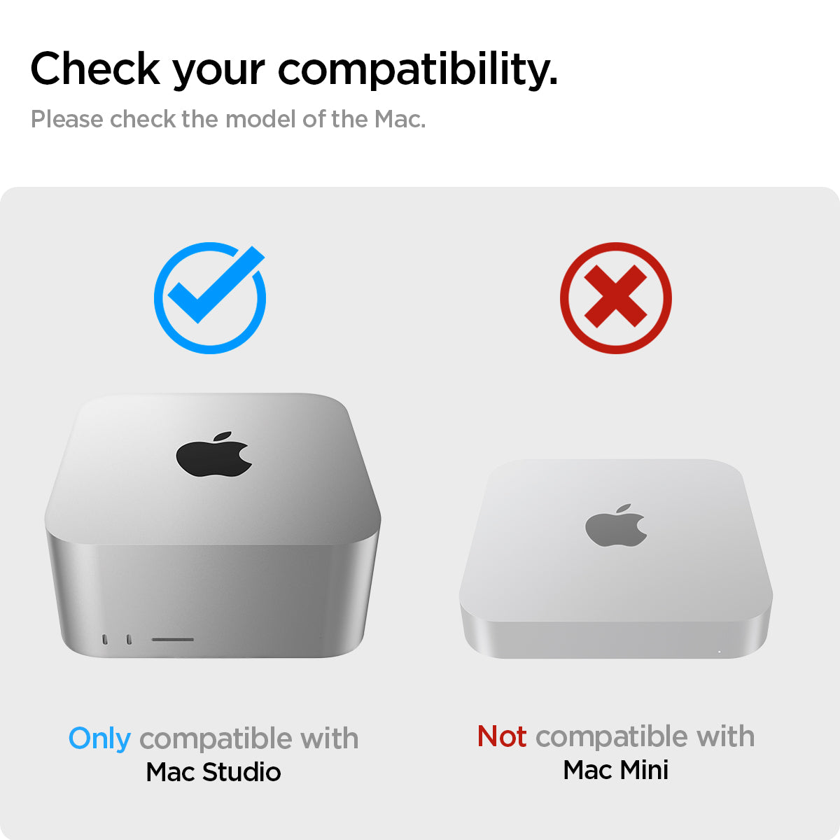 AMP04796 - Apple Mac Studio Stand in crystal clear showing the compatibility. Only compatible with Mac Studio and Not compatible with Mac Mini