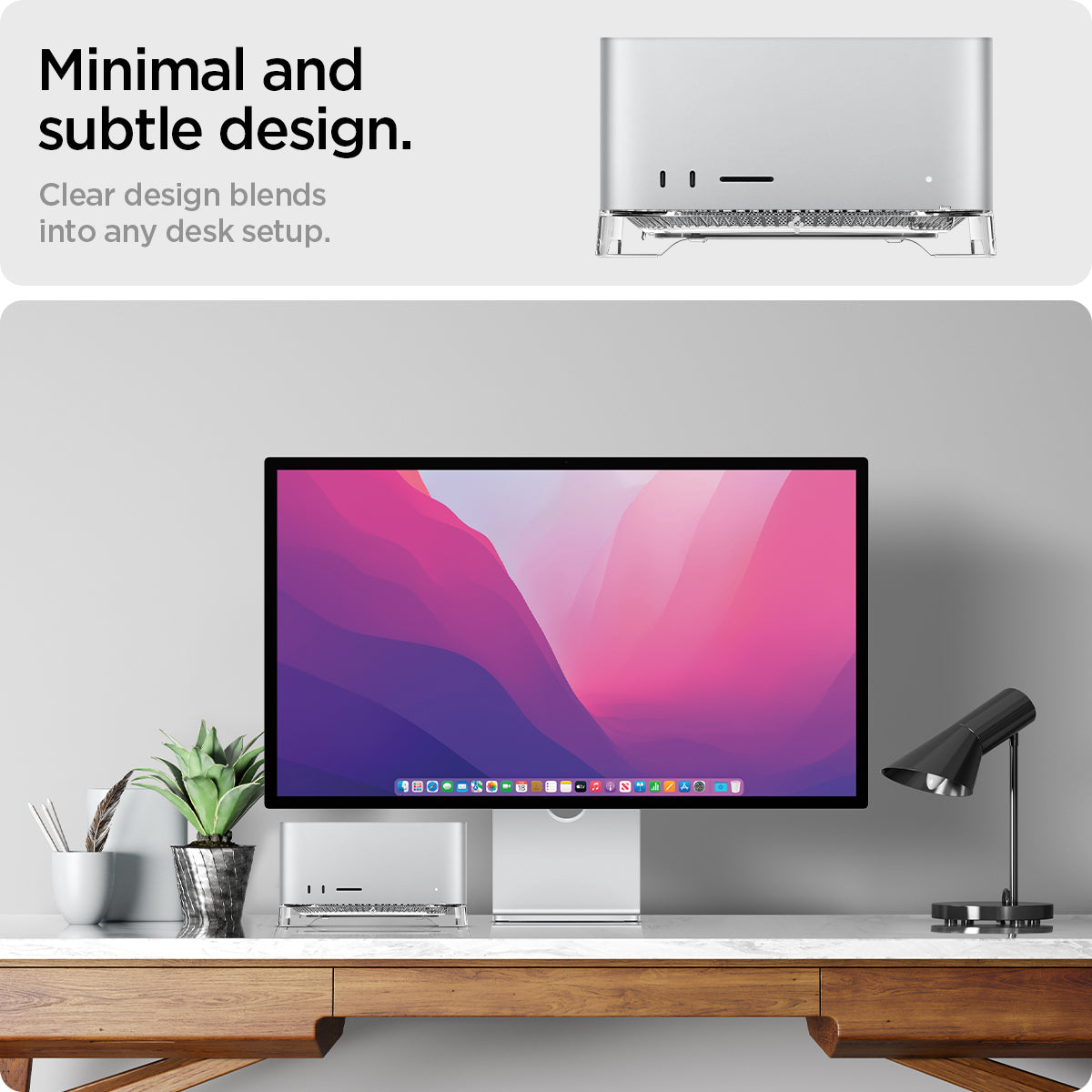 AMP04796 - Apple Mac Studio Stand in crystal clear showing the minimal and subtle design. Clear design blends into any desk setup