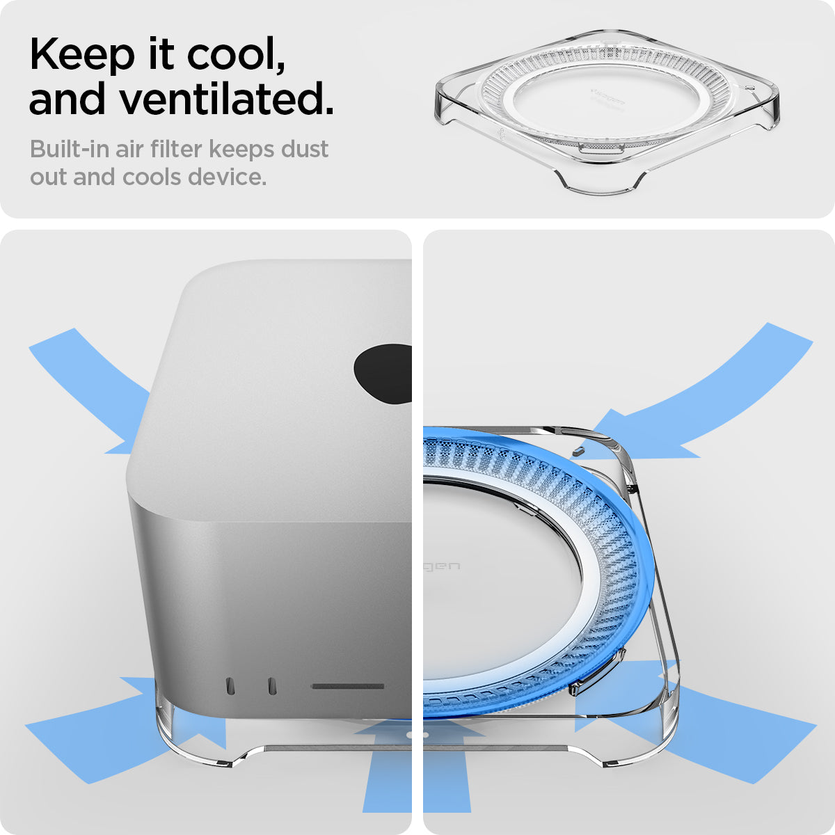 AMP04796 - Apple Mac Studio Stand in crystal clear showing how keeping it cool and ventilated. Built-in air filter keeps dust out and cools device