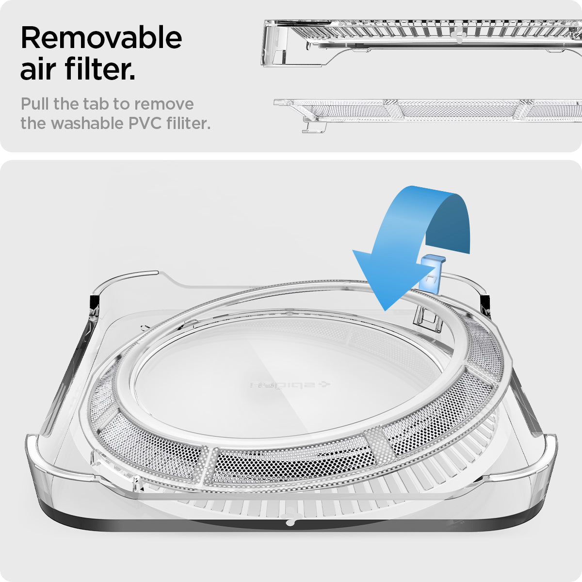 AMP04796 - Apple Mac Studio Stand in crystal clear showing the removable air filter. Pull the tab to remove the washable PVC filter