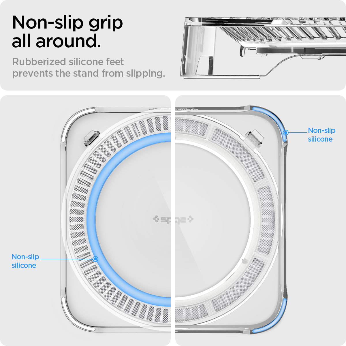 AMP04796 - Apple Mac Studio Stand in crystal clear showing the non-slip grip all around. Rubberized silicone feet prevent the stand from slipping