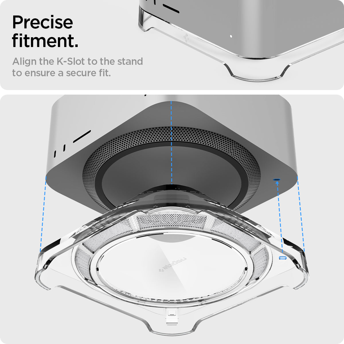 AMP04796 - Apple Mac Studio Stand in crystal clear showing the precise fitment. Align the K-slot to the stand to ensure a secure fit