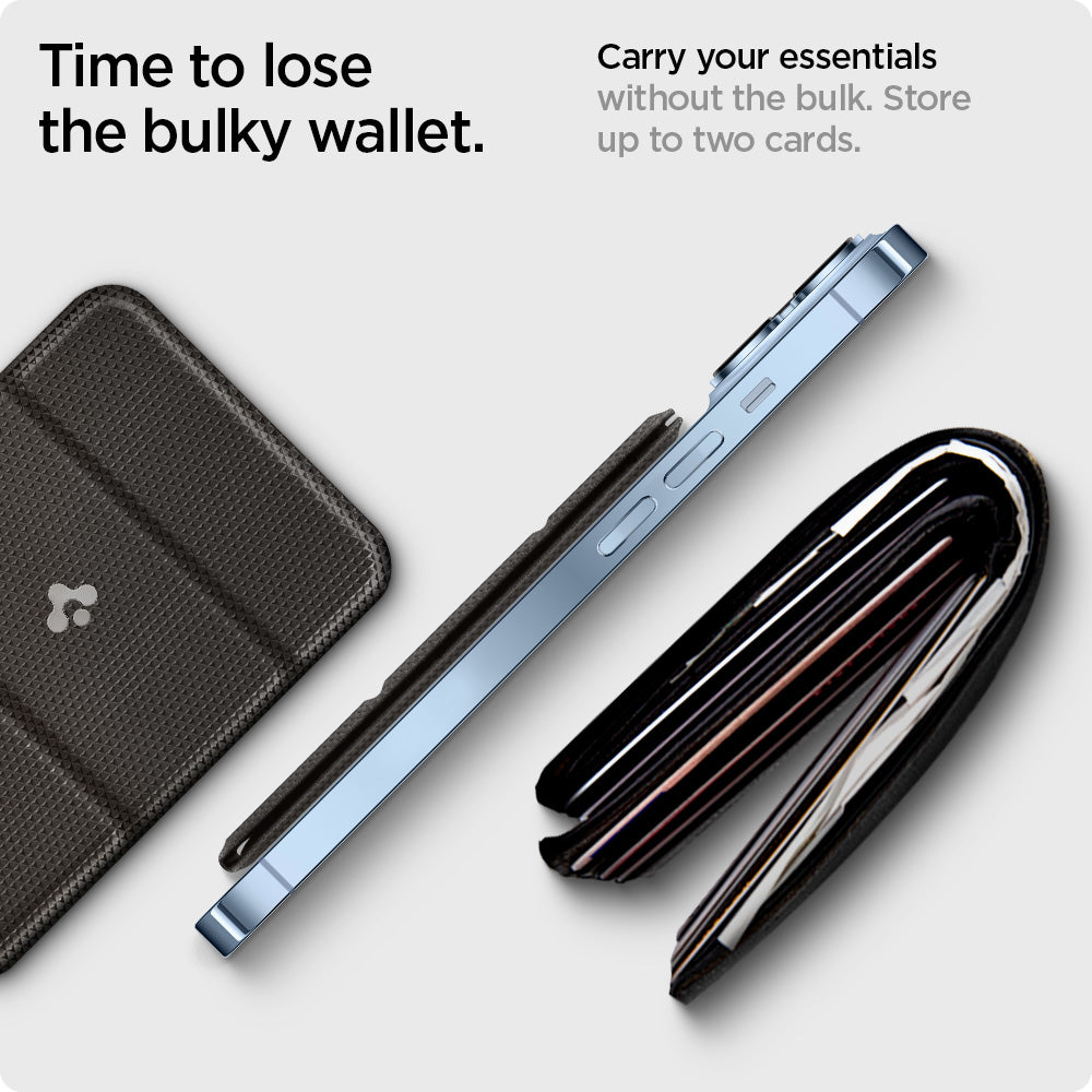 AMP02766 - MagSafe Card Holder Smart Fold Wallet (MagFit) in gunmetal showing the time to lose the bulky wallet, carry your essentials without the bulk, store up to two cards