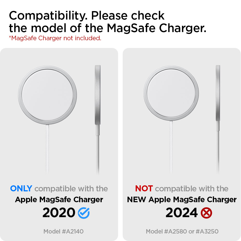 AMP02796 - Mag Fit Duo in black showing the compatibility, only compatible with the apple magsafe charger 2020 and not with new apple magsafe charger 2024