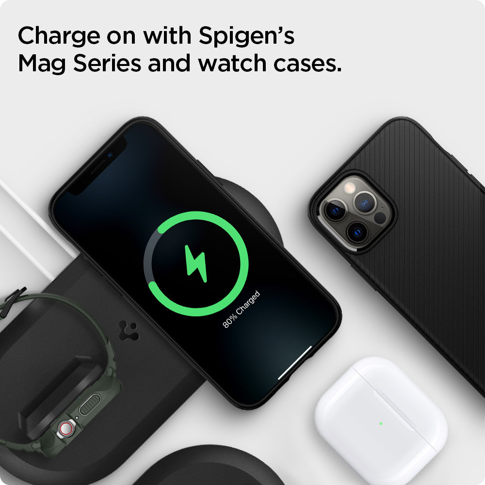 AMP02796 - Mag Fit Duo in black showing the charge on with spigen's mag series and watch cases