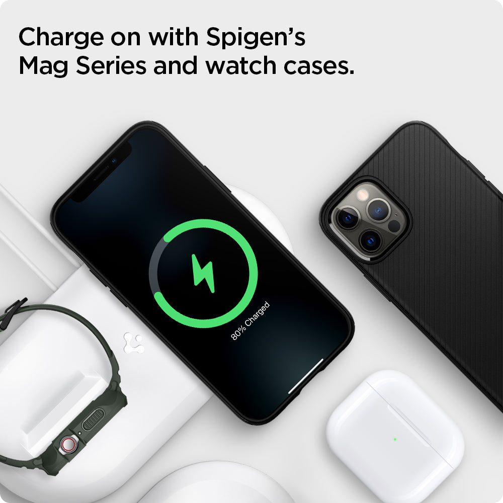 AMP02797 - Mag Fit Duo in white showing the charge on with spigen's mag series and watch cases