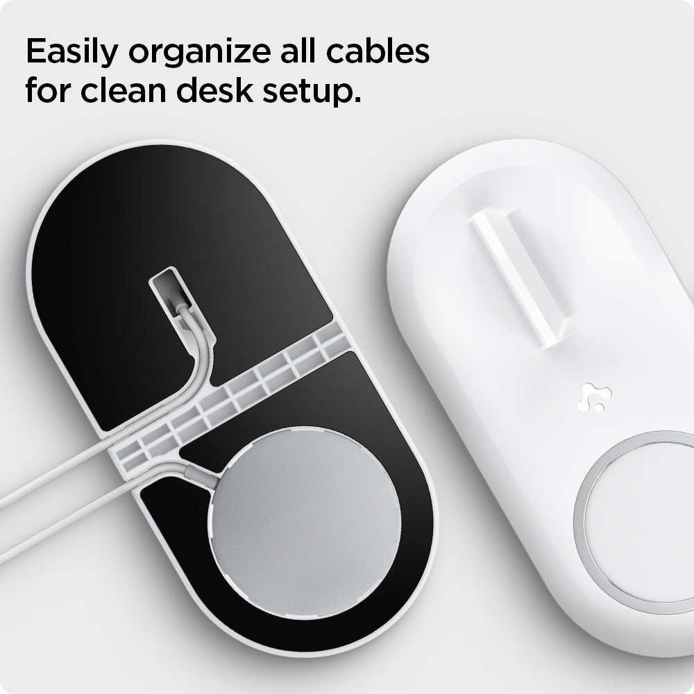 AMP02797 - Mag Fit Duo in white showing the easily organize all cables for clean desk setup