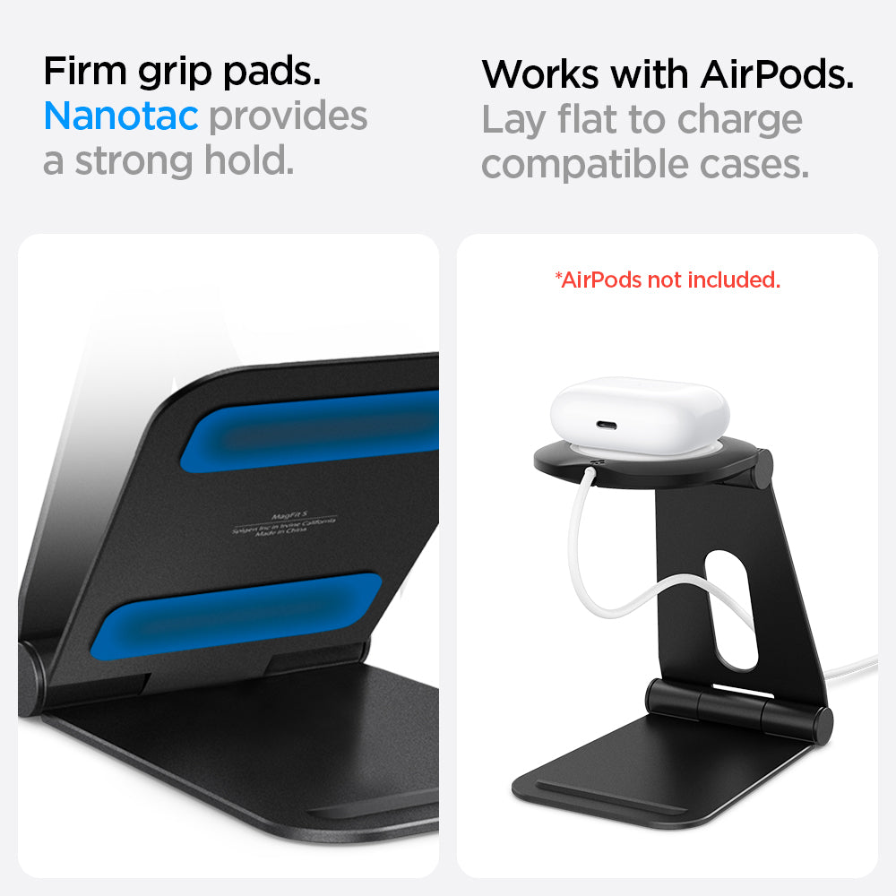 AMP02672 - MagFit Charger Stand (MagFit) in black showing the firm grip pads, nanotac provides a strong hold, works with airpods, lay flat to charge compatible cases