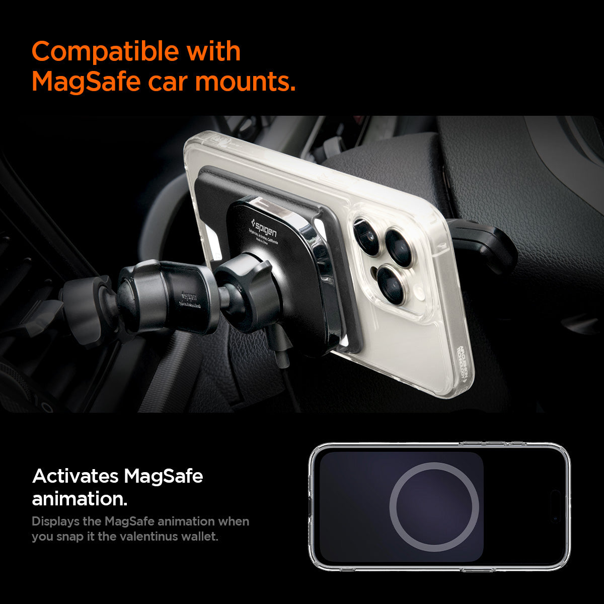 AFA06866 - MagSafe 3 Cards Holder Valentinus (MagFit) in black showing the compatible with magsafe car mounts, activates magsafe animation, displays the magsafe animation when you snap it the valentinus wallet