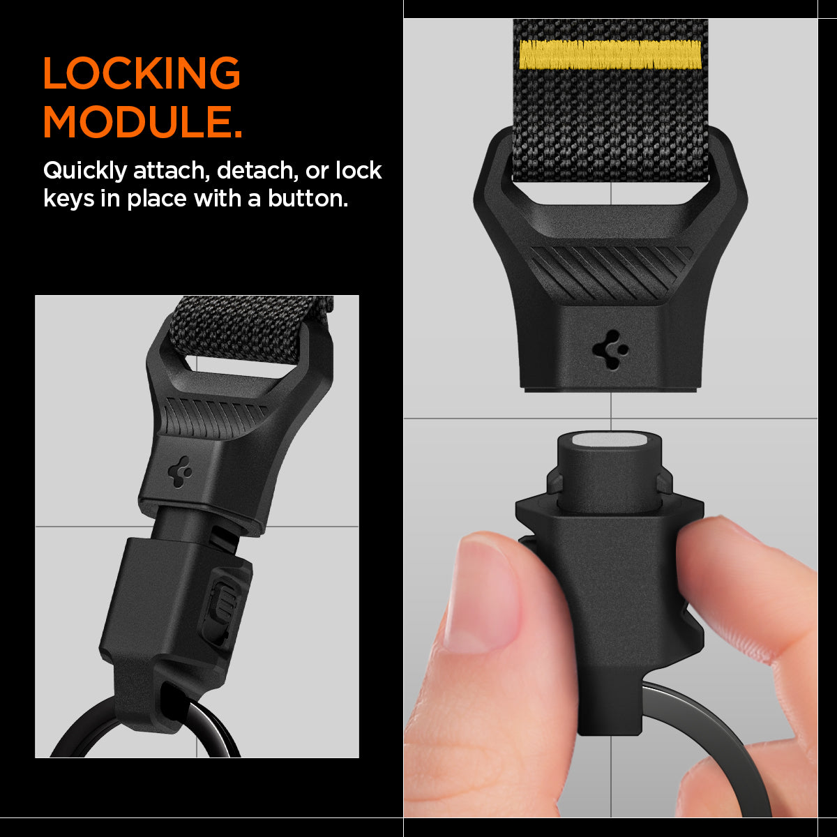 AHP06846 - Carabiner (Magnetic Keychain) in Black showing the locking module, quickly attach, detach, or lock keys in place with a button