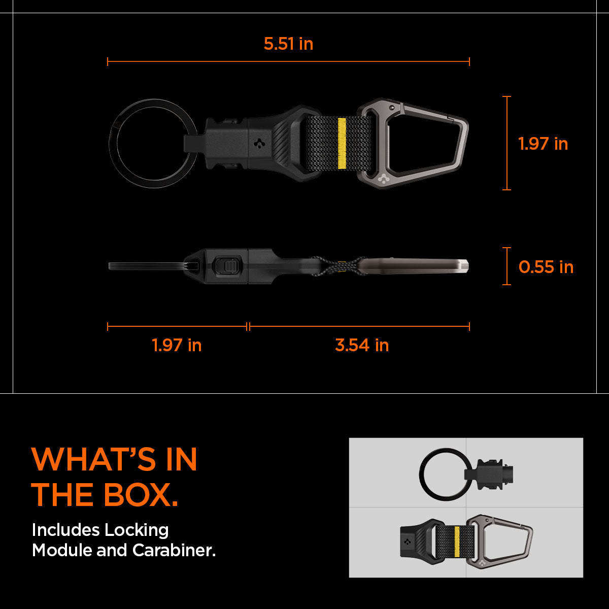 AHP06846 - Carabiner (Magnetic Keychain) in Black showing the what's in the box, includes locking module and carabiner, over all size 5.51 in x 1.97 in while the quick-release bottom mechanism size is 1.97 in, other part of the keychain is 3.5 in and with 0.55 in depth