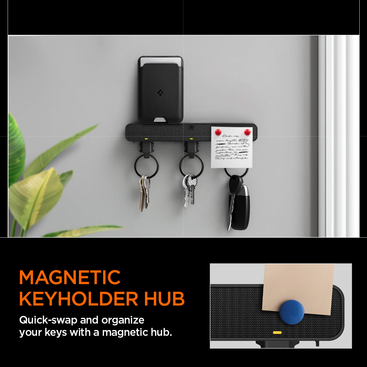 AHP06847 - Carabiner (Magnetic Keychain) Holder Hub in Black showing the magnetic keyholder hub, quick-swap and organize your keys with a magnetic hub