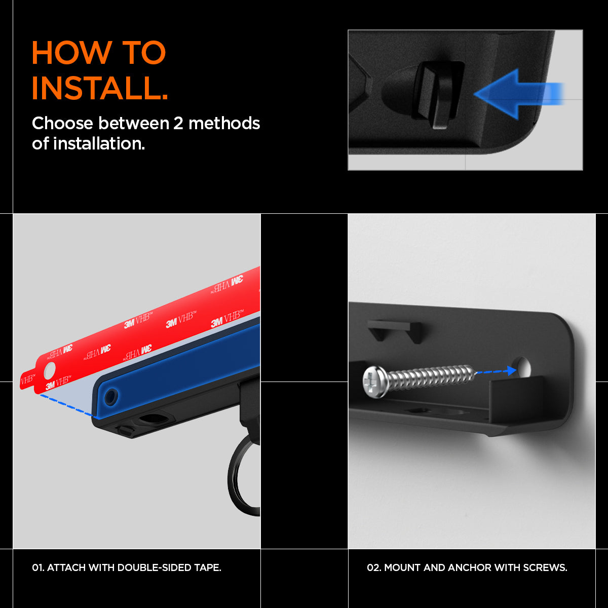 AHP06847 - Carabiner (Magnetic Keychain) Holder Hub in Black showing the installation, choose between 2 methods of installation, 1. attach with double-sided tape 2. mount and anchor with screws