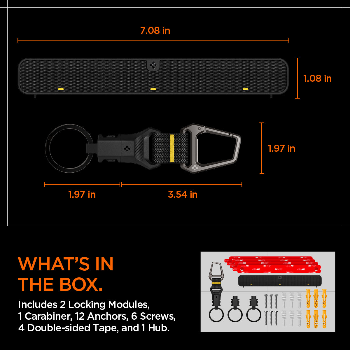 AHP06847 - Carabiner (Magnetic Keychain) Holder Hub in Black showing the what's in the box, includes 2 locking modules, 1 carabiner, 12 anchors, 6 screws, 4 double-sided tape, and 1 hub
keyholder hub size, 7.08in x 1.08in
keychain holder size 1.97in x 3.54in x 1.97in