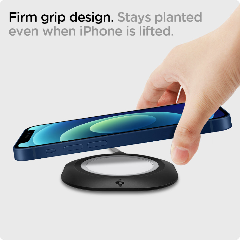 AMP02340 - MagFit in black showing the firm grip design, stays planted even when iPhone is lifted