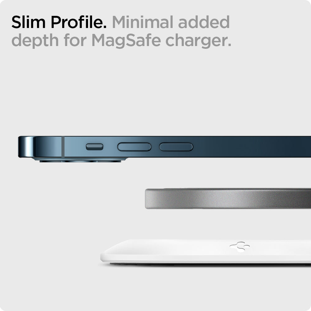 AMP02563 - MagFit in white showing the slim profile, minimal added dedpth for MagSafe charger