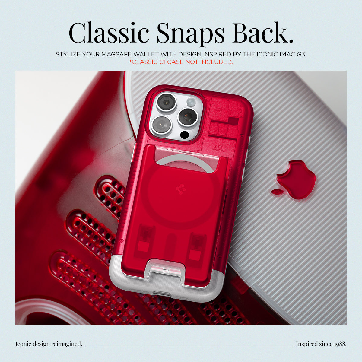 AFA07399 - MagSafe Card Holder Classic C1 (MagFit) in Ruby showing the classic snaps back, stylize your magsafe wallet with design inspired by the iconic imac g3