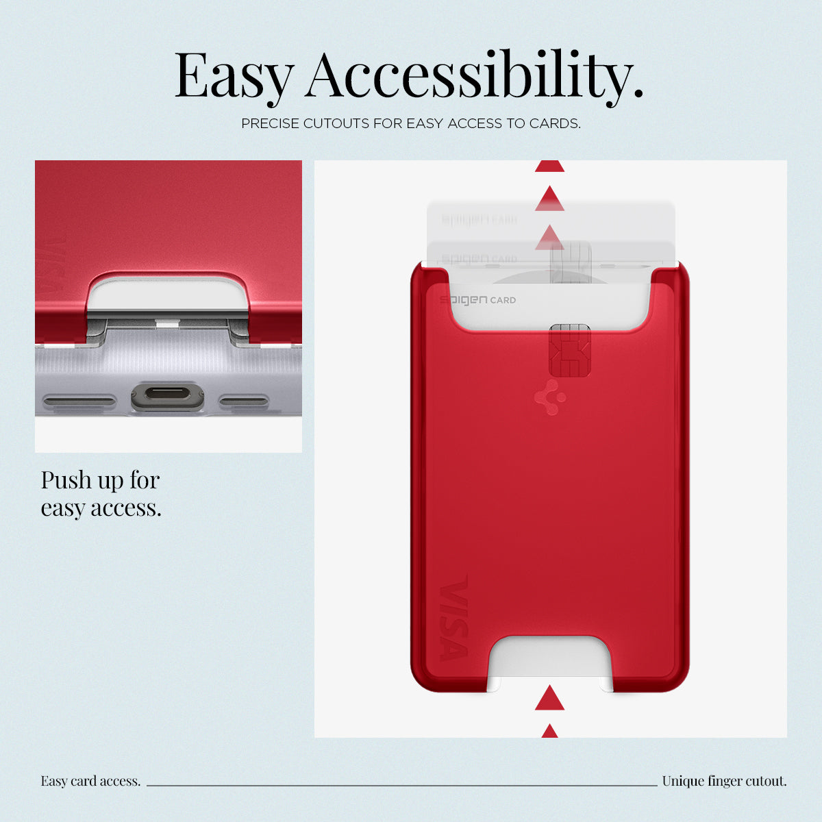 AFA07399 - MagSafe Card Holder Classic C1 (MagFit) in Ruby showing the easy accessibility, precise cutouts for easy access to cards, push up for easy access