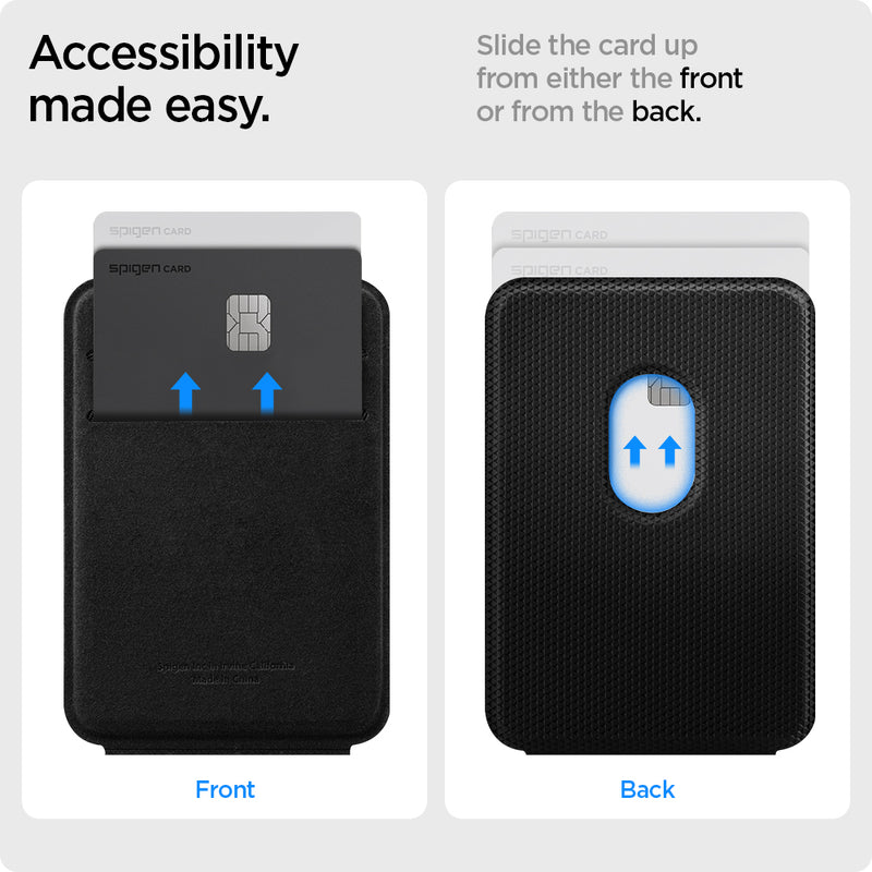 AMP02746 - MagSafe Card Holder Smart Fold Wallet (MagFit) in black showing the accessibility made easy, slide the card up from either the front or from the back
