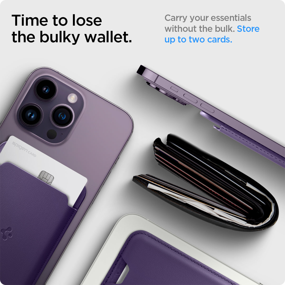 AFA06267 - MagSafe Card Holder Valentinus (MagFit) in purple showing the time to loose the bulky wallet, carry your essentials without the bulk, store up to two cards