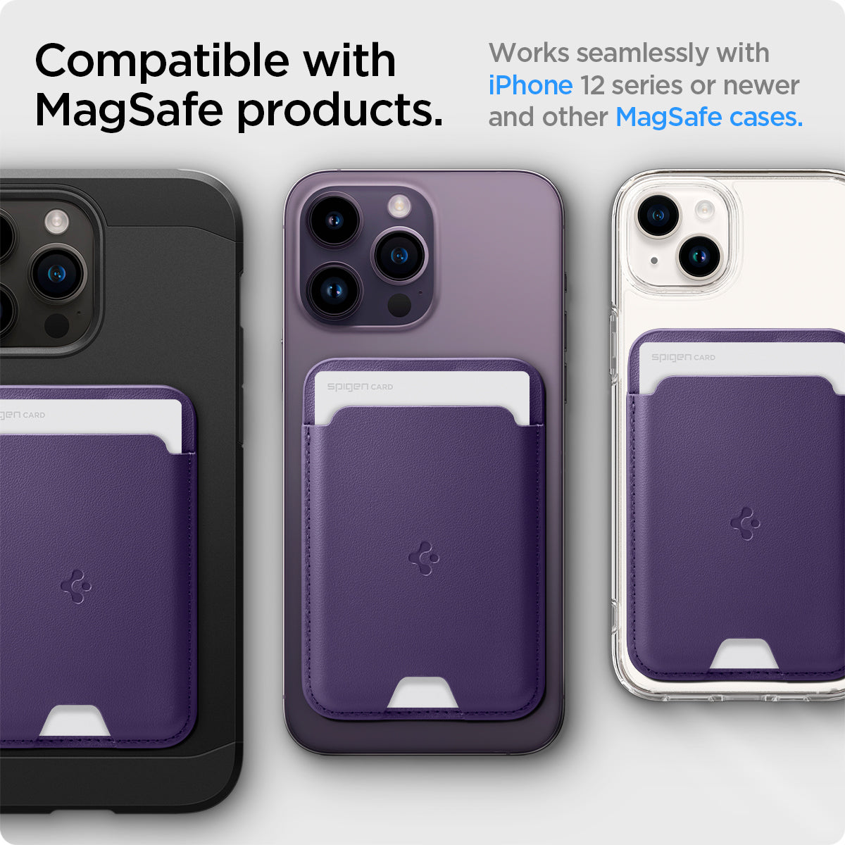 AFA06268 - MagSafe 3 Cards Holder Valentinus (MagFit) in purple showing the compatible with magsafe prodcuts, works seamlessly with iphone 12 series or newer and other magsafe cases