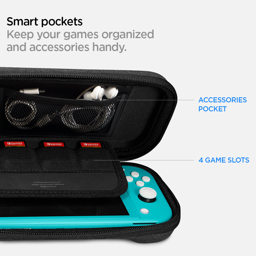 AFA00865 - Nintendo Switch Lite Case Klasden Pouch showing the smart pockets. Keep your games organized and accessories handy, it has accessories pocket and 4 game slots