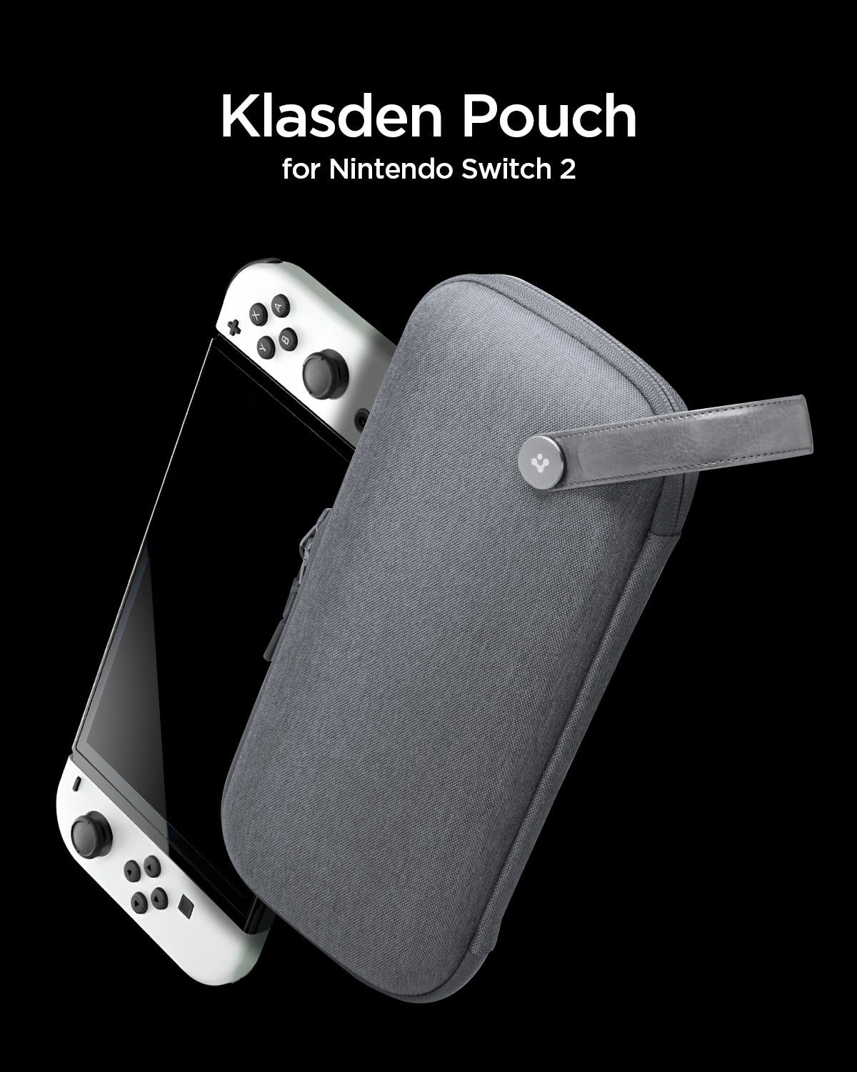 AGP09077 - Nintendo Switch 2 Klasden Pouch in Charcoal Gray showing the front, partial side hovering in front of the nintendo switch 2