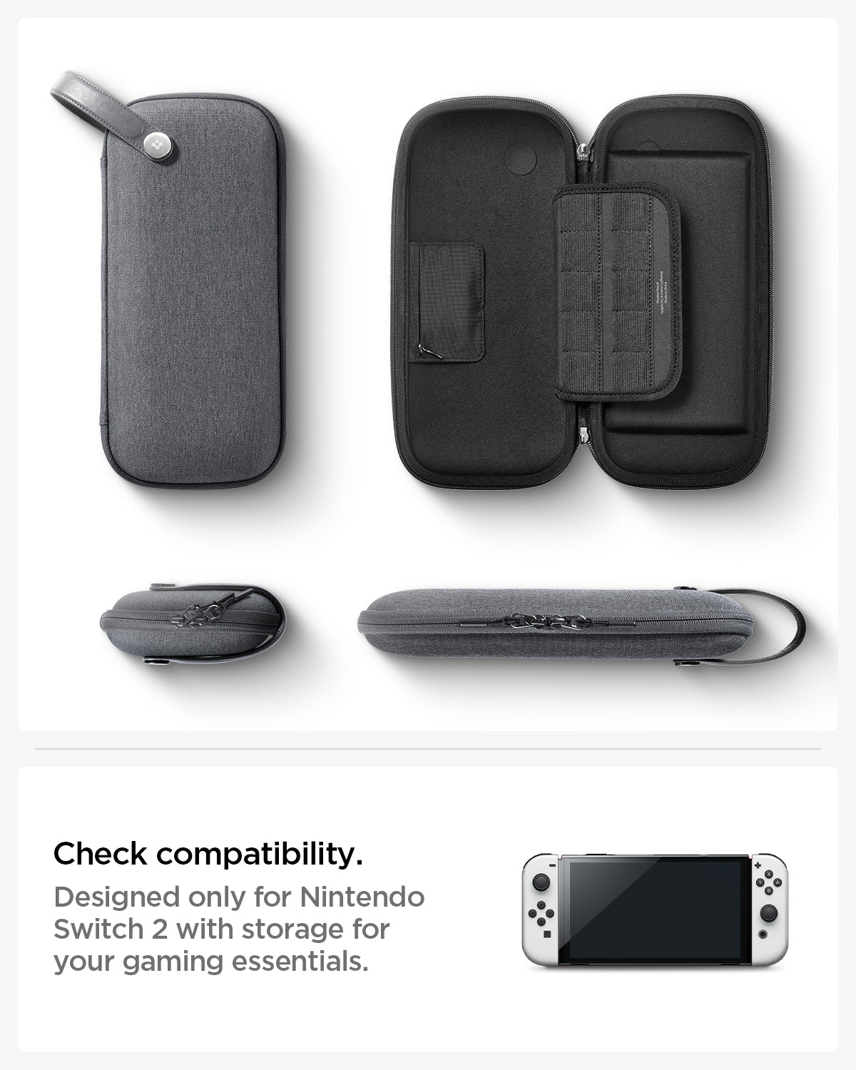 AGP09077 - Nintendo Switch 2 Klasden Pouch in Charcoal Gray showing the compatibility. Designed only for Nintendo Switch 2 with storage for your gaming essentials