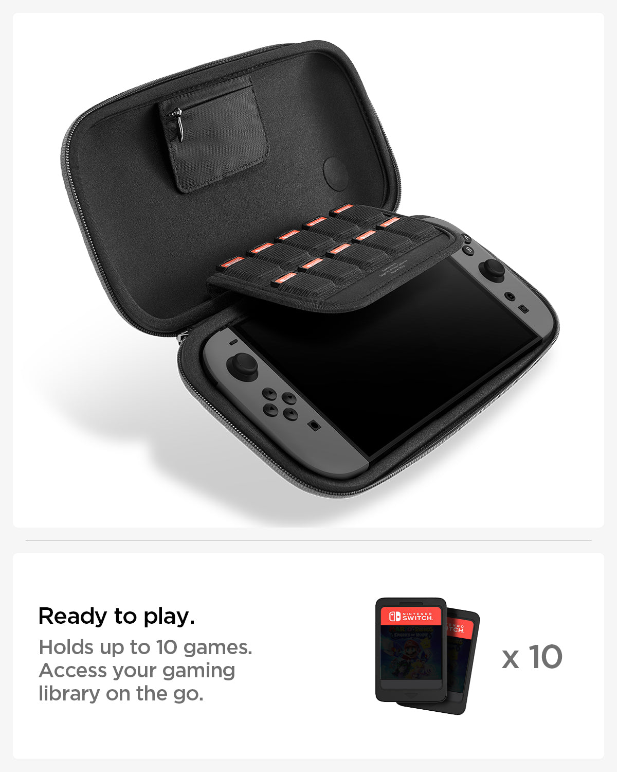 AGP09077 - Nintendo Switch 2 Klasden Pouch in Charcoal Gray showing the ready to play. Holds up to 10 games, access your gaming library on the go