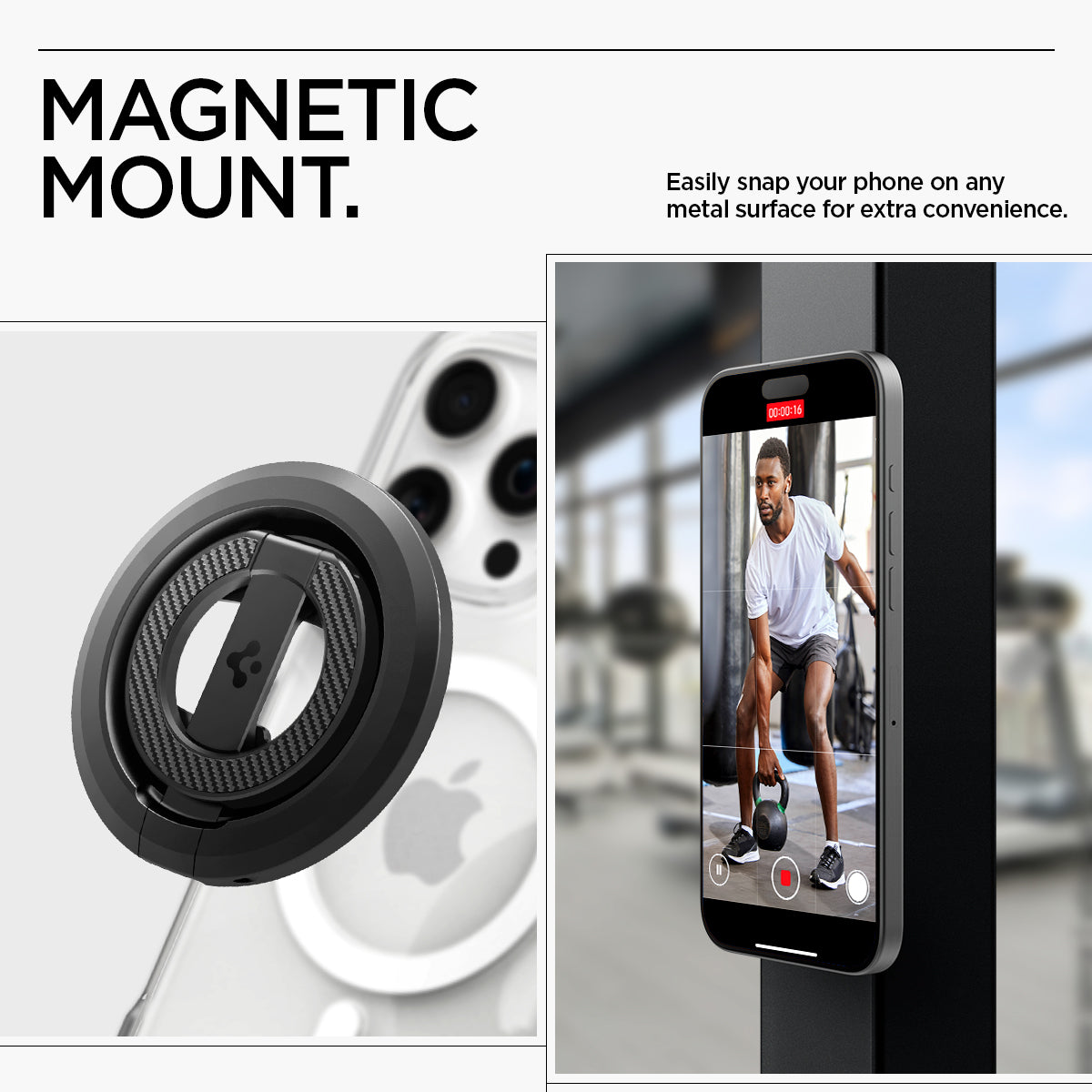 AMP08822 - O-Mag Magnetic Phone Holder (MagFit) OM102 in Black showing the magnetic mount, easily snap your phone on any metal surface for extra convenience