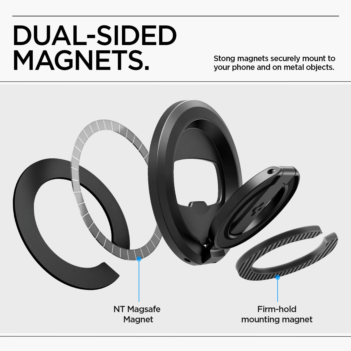 AMP08822 - O-Mag Magnetic Phone Holder (MagFit) OM102 in Black showing the dual-sided magnets, strong magnets securely mount to your phone and on metal objects it has NT Magsafe Magnet, Firm-hold mount magnet