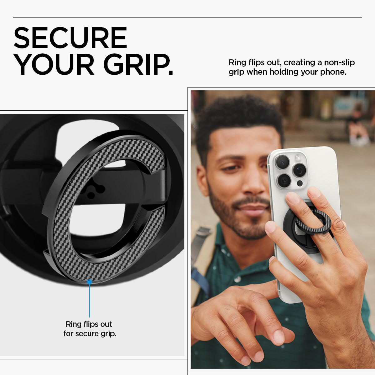 AMP08822 - O-Mag Magnetic Phone Holder (MagFit) OM102 in Black showing the secure grip. Ring flips out, creating a non-slip grip when holding your phone, ring flips out for secure grip