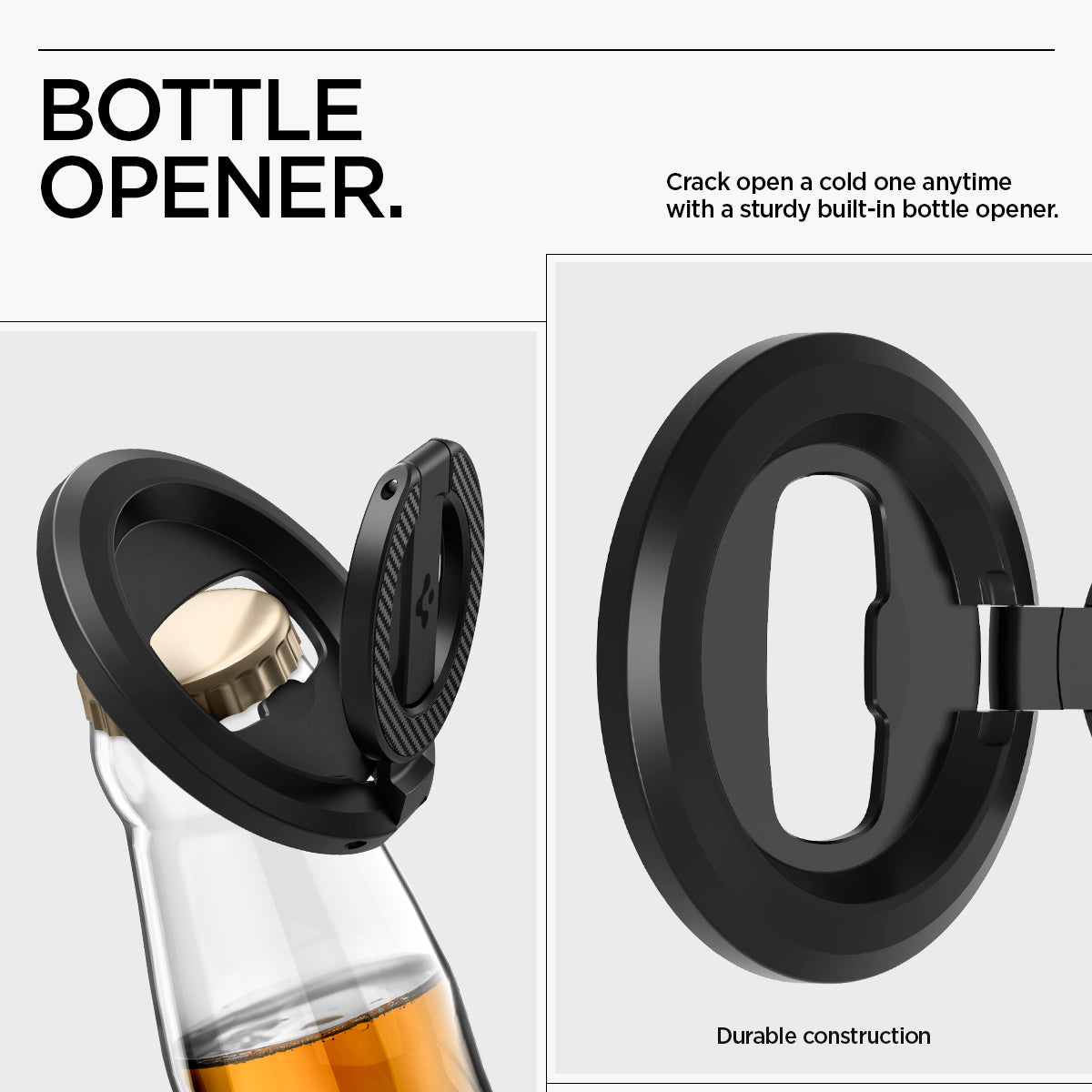 AMP08822 - O-Mag Magnetic Phone Holder (MagFit) OM102 in Black showing the bottle opener, crack open a cold one anytime with a sturdy built-in bottle opener