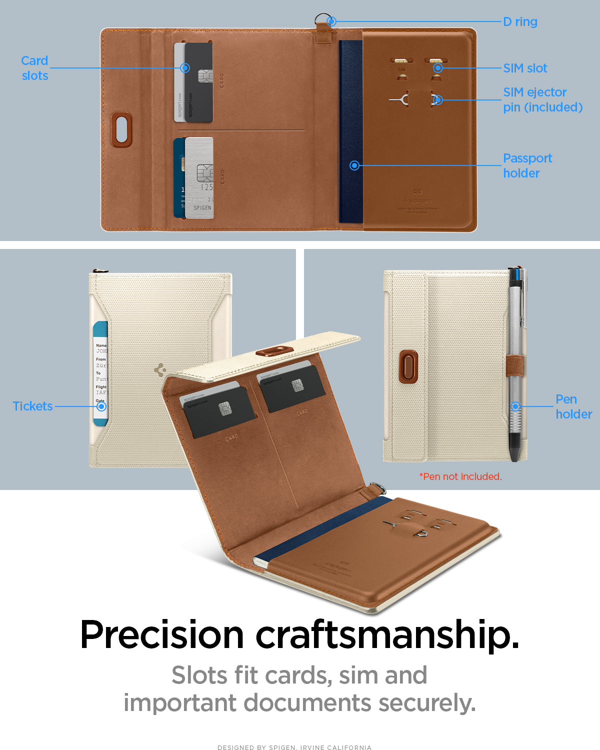 AFA08348 - Passport Holder in dune beige showing the precision craftsmanship, slots fit cards, sim and important documents securely