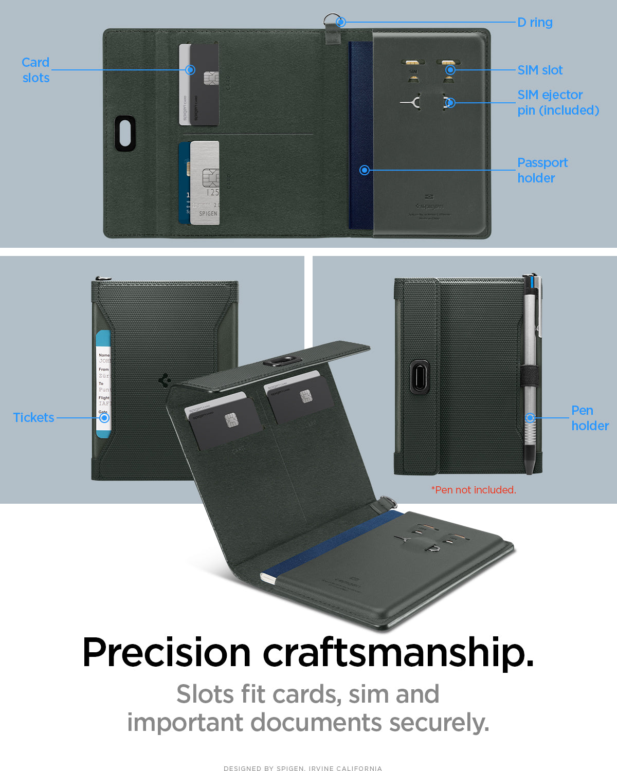 AFA08347 - Passport Holder in military green showing the precision craftsmanship, slots fit cards, sim and important documents securely