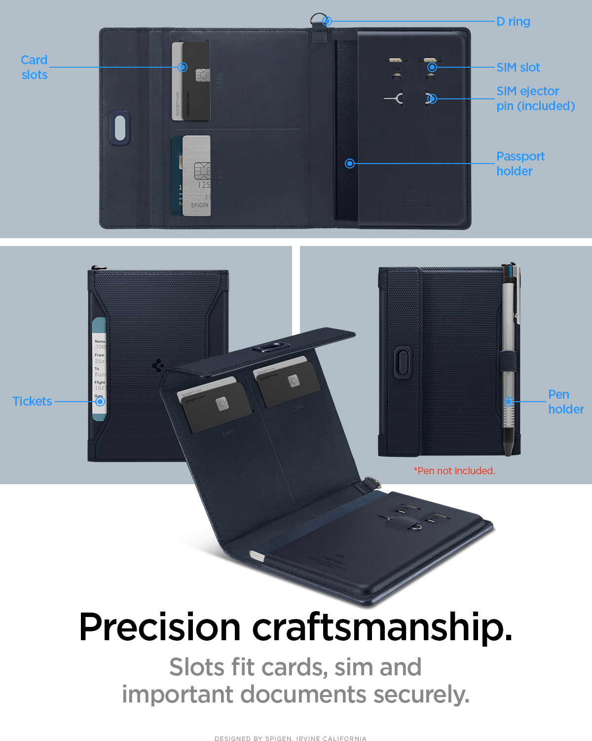 AFA08721 - Passport Holder in Navy Blue showing the precision craftsmanship, slots fit cards, sim sim and important documents securely