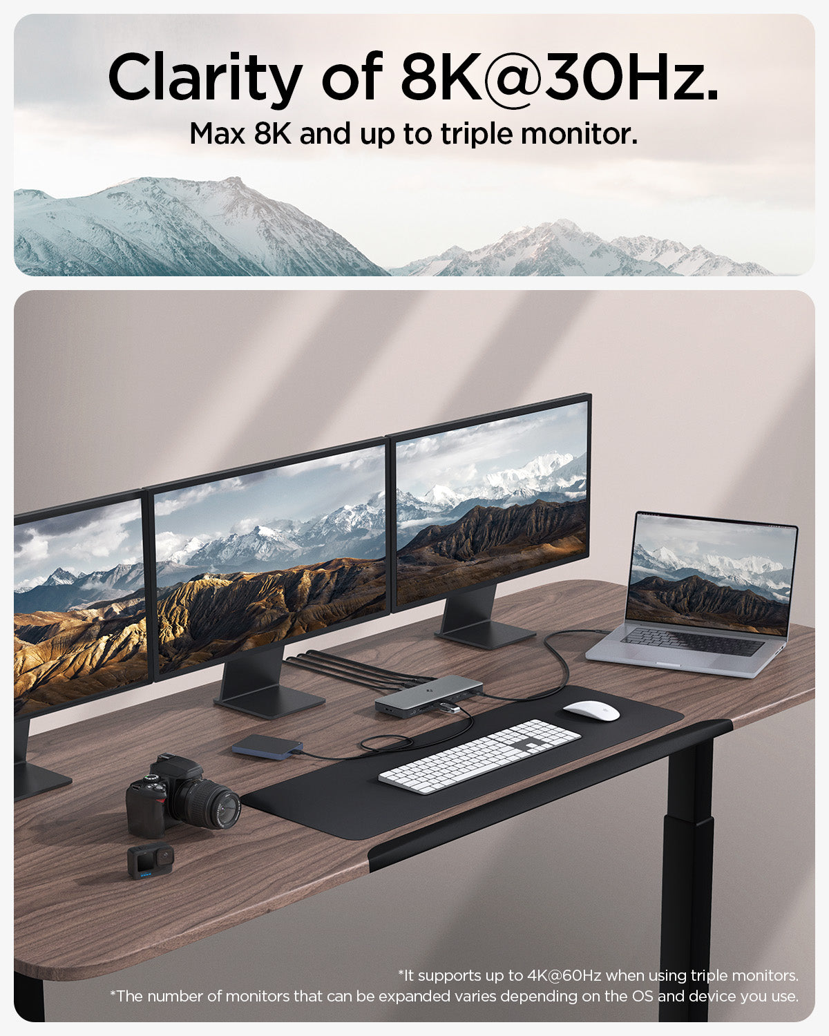 ACA06518 - ArcDock Pro Multi Hub PD2307 in Space Gray showing the Clarity of 8K@30Hz. Max 8K and up to triple monitor.  It supports up to 4K@60Hz when using triple monitors. Then number of monitors that can be expanded varies depending on the OS and device you use