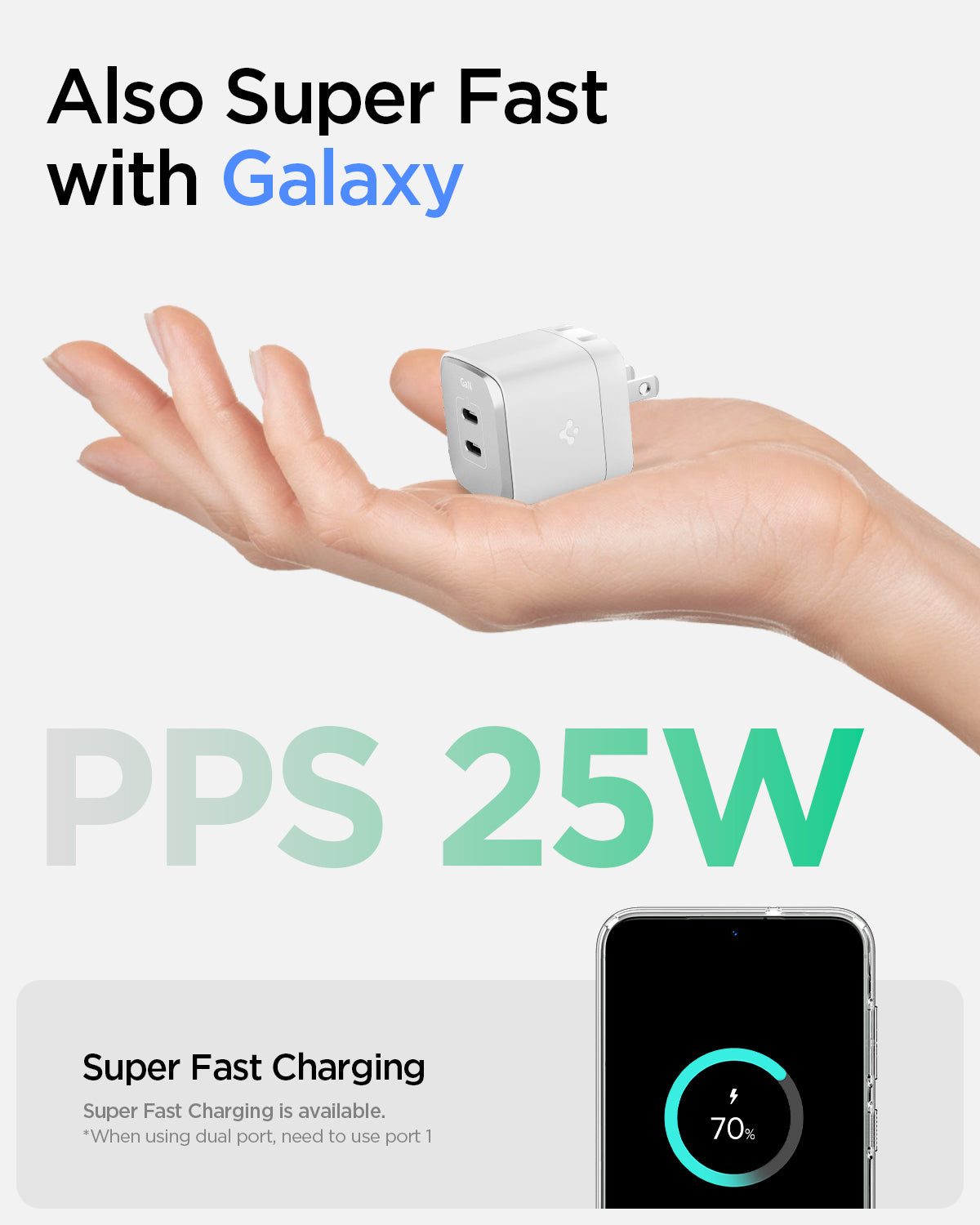 ACH05143 - ArcStation™ Pro GaN 352 Dual USB-C Wall Charger PE2202 showing the super fast charging also super fast with Galaxy. PPS 25W. Super fast charging is available. When using dual port, need to use port 1.