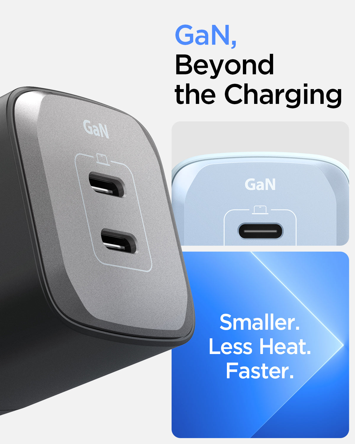 ACH05153 - ArcStation™ Pro GaN 452 Dual USB-C Wall Charger PE2203 in Sierra Blue showing the GaN, Beyond the Charging. Smaller, Less Heat and Faster. Both shown charger are in usb c type