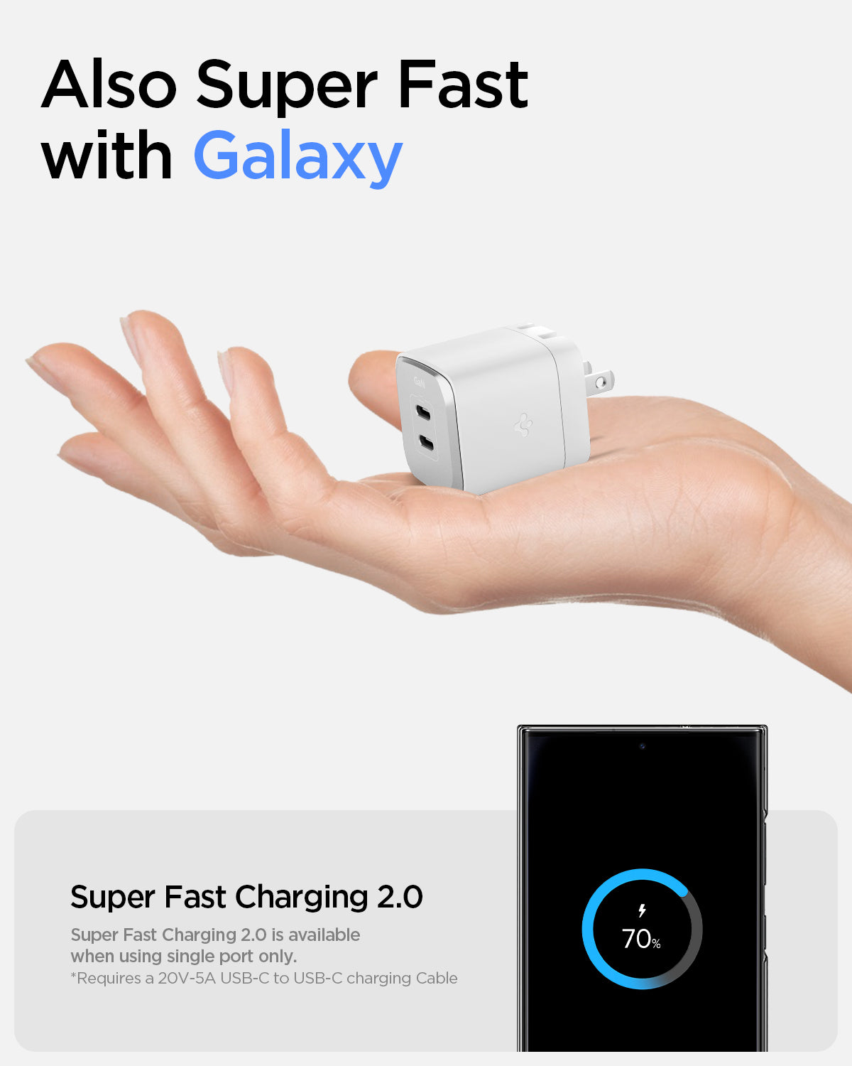 ACH05153 - ArcStation™ Pro GaN 452 Dual USB-C Wall Charger PE2203 in Sierra Blue showing the Also Super Fast with Galaxy. A hand holding a small wall charger. Super Fast Charging 2.0 (SFC 2.0 available when using single port only. Requires a 20V-5A USB-C to USB-C charging Cable)