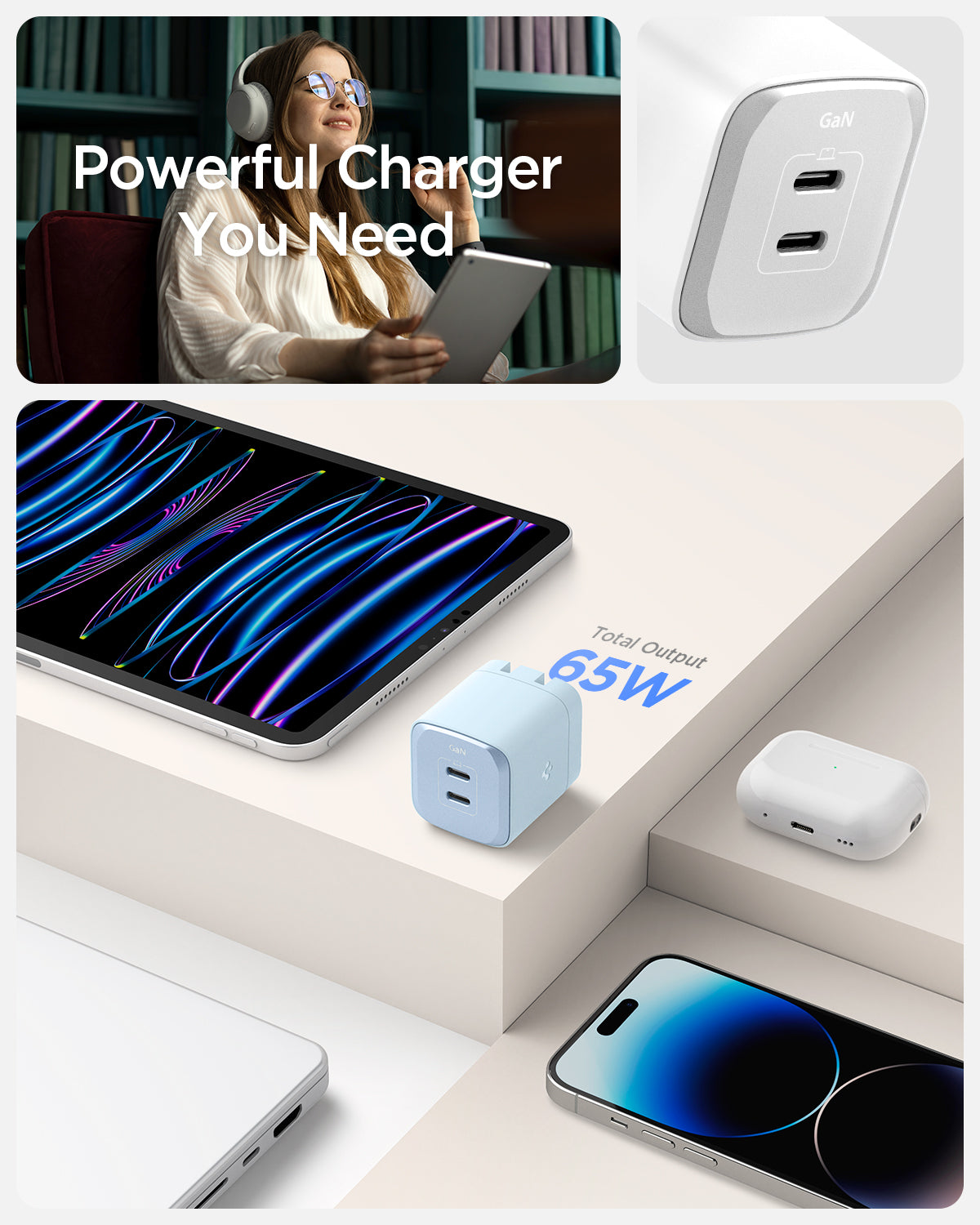 ACH05162 - ArcStation™ Pro GaN 652 Dual USB-C Wall Charger PE2204 in Sierra Blue showing a Powerful Charger You Need, a girl holding a device, next to it, showing the top part of the charger and below the images shows 2 devices a white wall charger with a total output 65W and two other gadgets