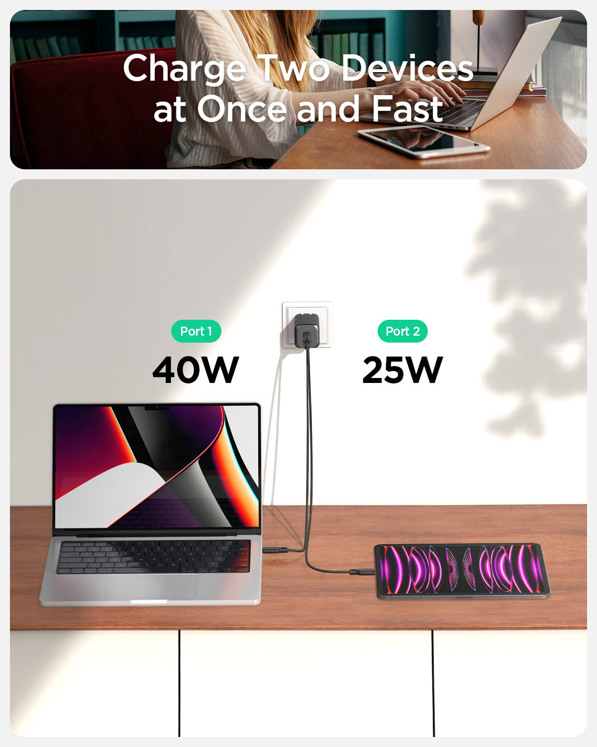 ACH05161 - ArcStation™ Pro GaN 652 Dual USB-C Wall Charger PE2204 in White showing the top of a banner, a woman with two devices, with the slogan, Charge Two Devices at Once and Fast and below showing 2 devices charges at 40W (port 1) the other in 24W (port 2) both plugged into a wall charger at the same time